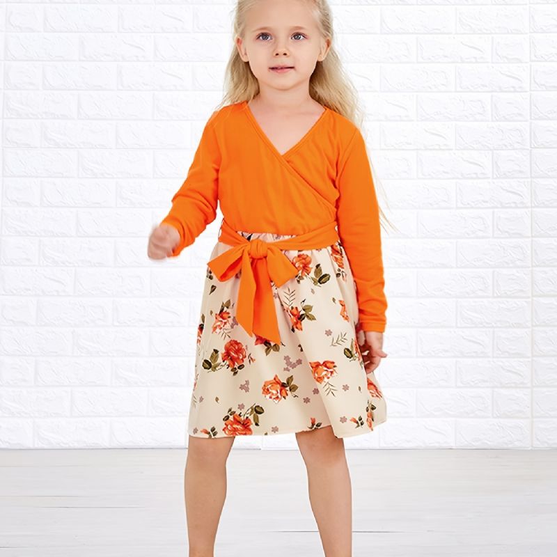 Baby Piger Langærmet Kjole V-hals Blomster Stitching Orange Børnetøj