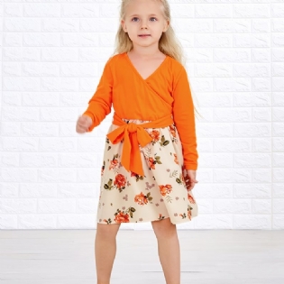 Baby Piger Langærmet Kjole V-hals Blomster Stitching Orange Børnetøj