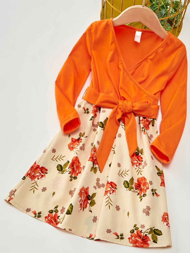 Baby Piger Langærmet Kjole V-hals Blomster Stitching Orange Børnetøj