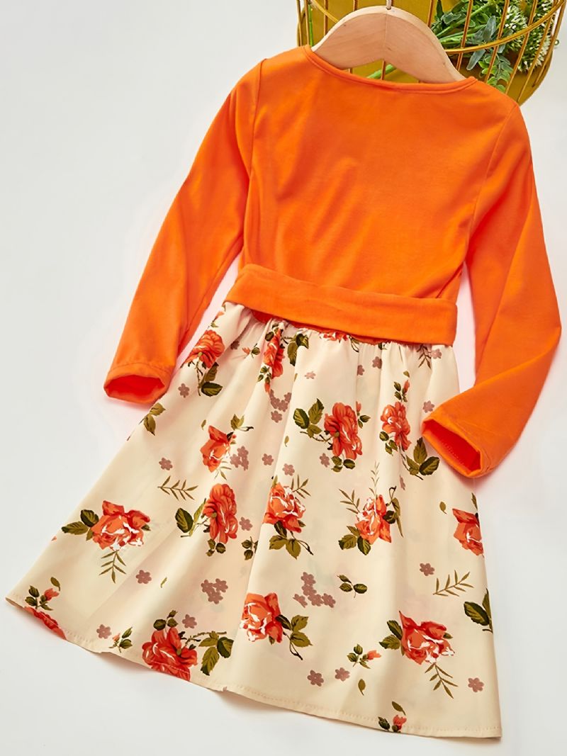 Baby Piger Langærmet Kjole V-hals Blomster Stitching Orange Børnetøj