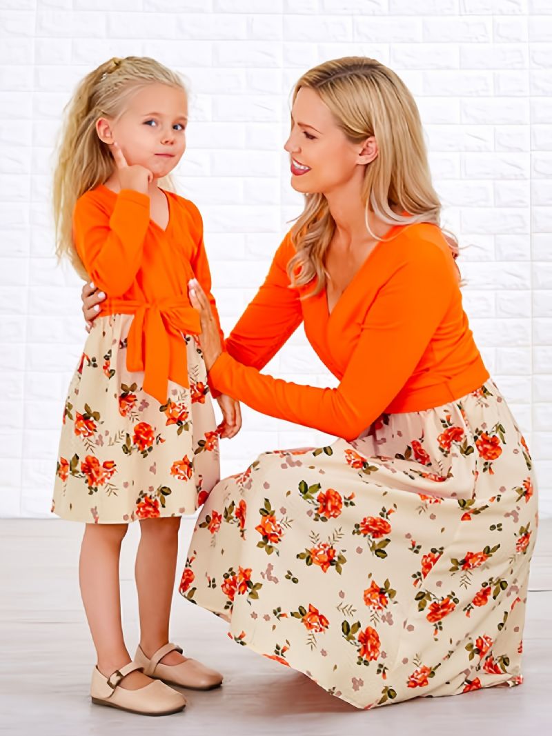 Baby Piger Langærmet Kjole V-hals Blomster Stitching Orange Børnetøj