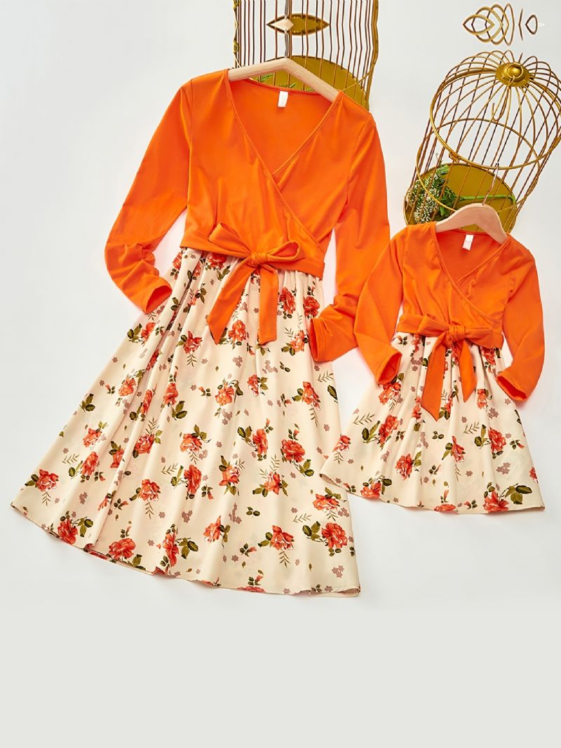 Baby Piger Langærmet Kjole V-hals Blomster Stitching Orange Børnetøj