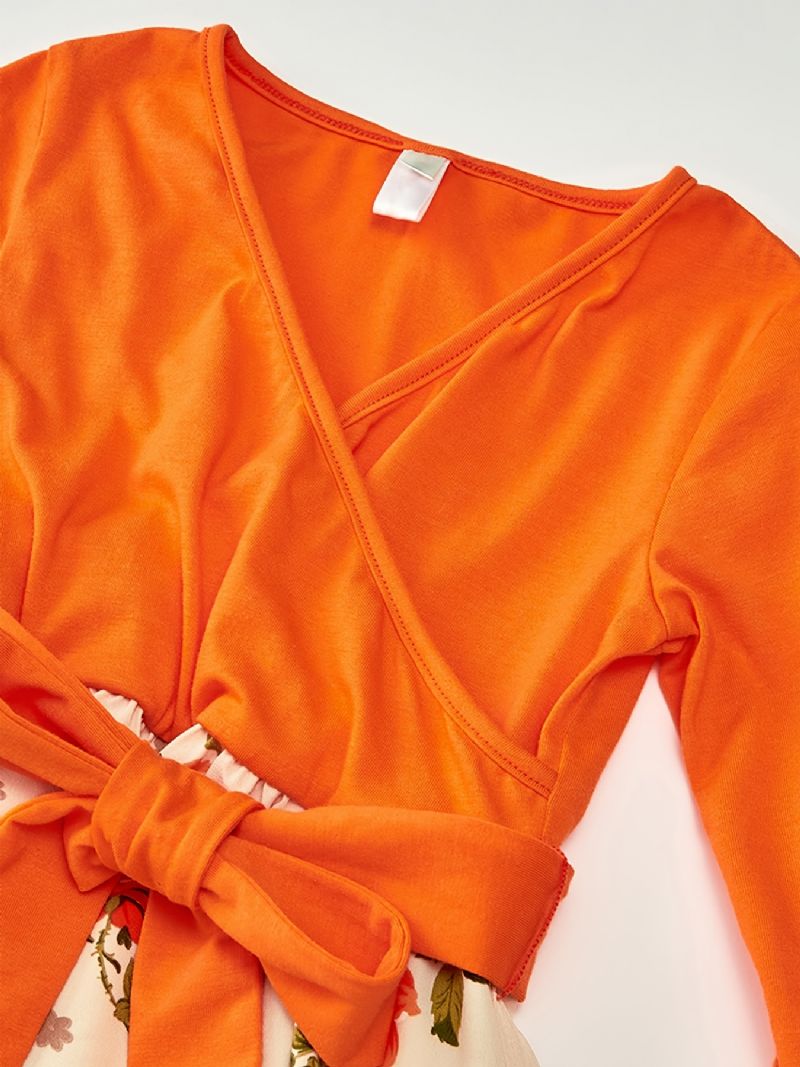 Baby Piger Langærmet Kjole V-hals Blomster Stitching Orange Børnetøj