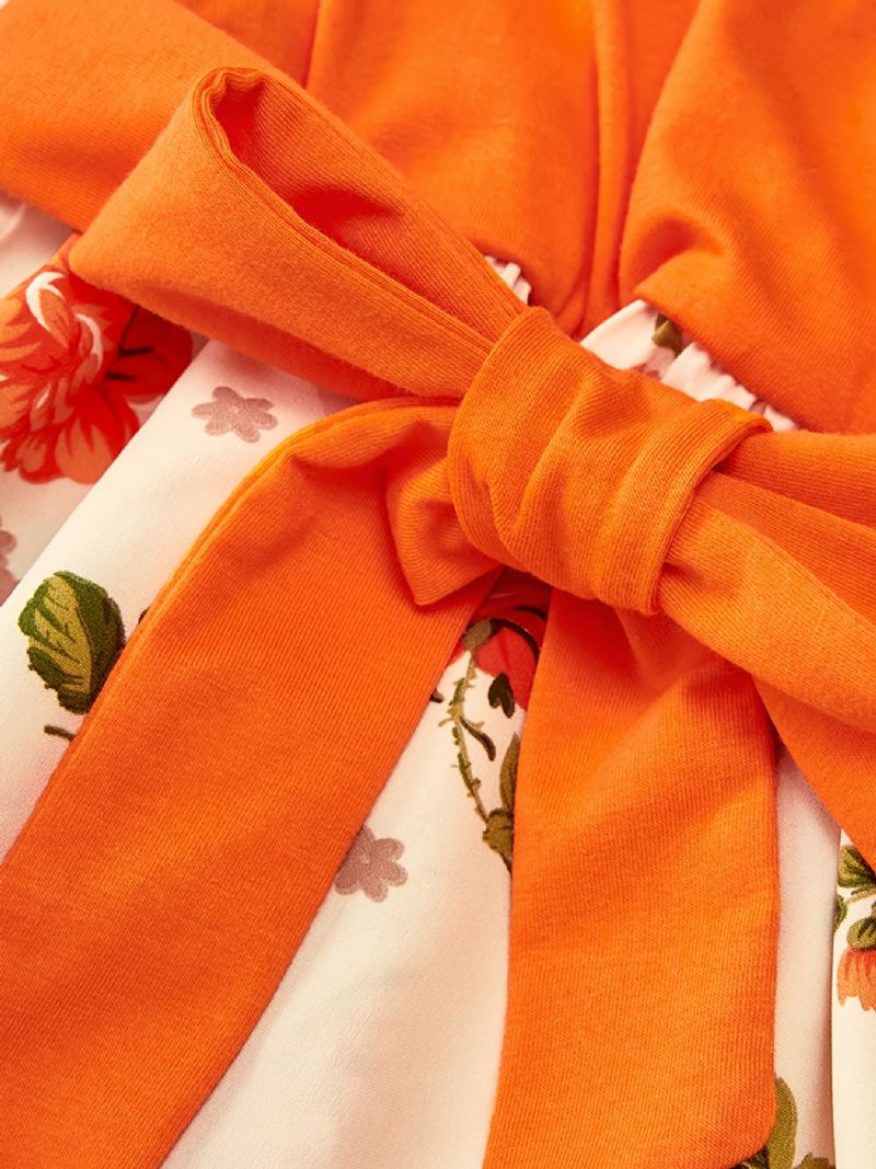 Baby Piger Langærmet Kjole V-hals Blomster Stitching Orange Børnetøj
