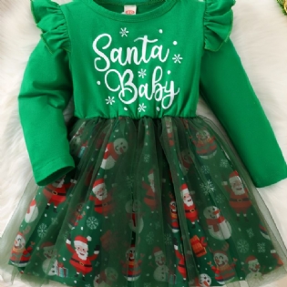 Baby Piger Mesh Kjole Julebrev Snemand Print Langærmet Rundhalset Prinsessekjole Børnetøj Til Jul