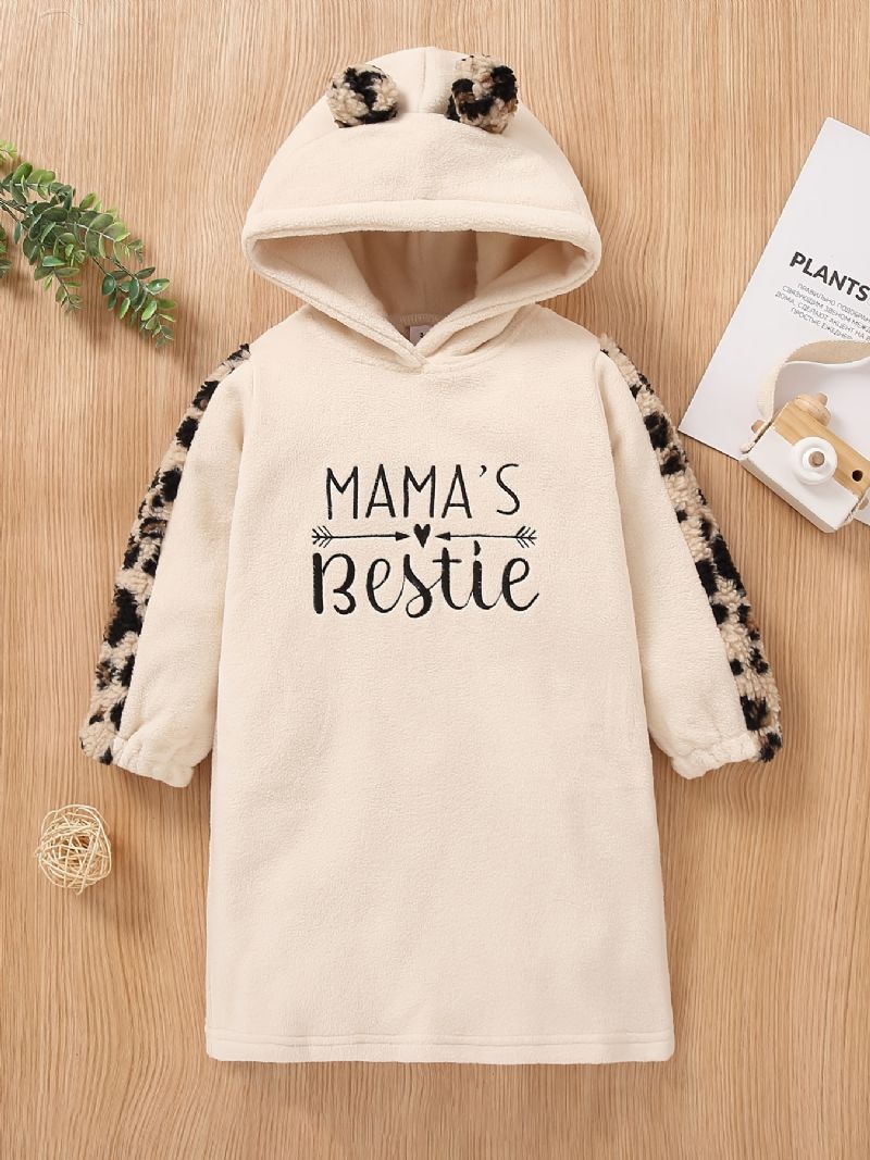 Baby Piger Polar Fleece Hætte Sweatshirt Kjole Brev Broderi Leopard Ear