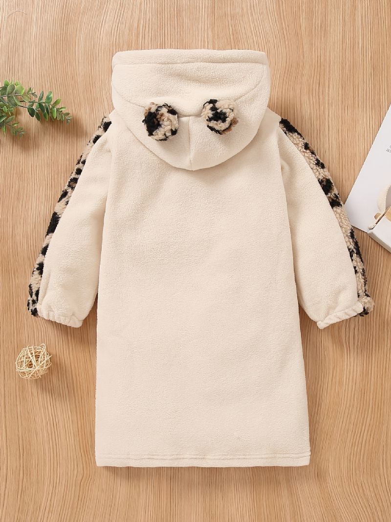 Baby Piger Polar Fleece Hætte Sweatshirt Kjole Brev Broderi Leopard Ear