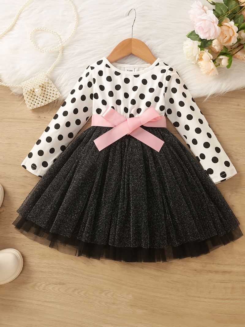 Baby Piger Splejsningskjole Polka Dot Sløjfe Mesh Prinsesse Kjole Børnetøj