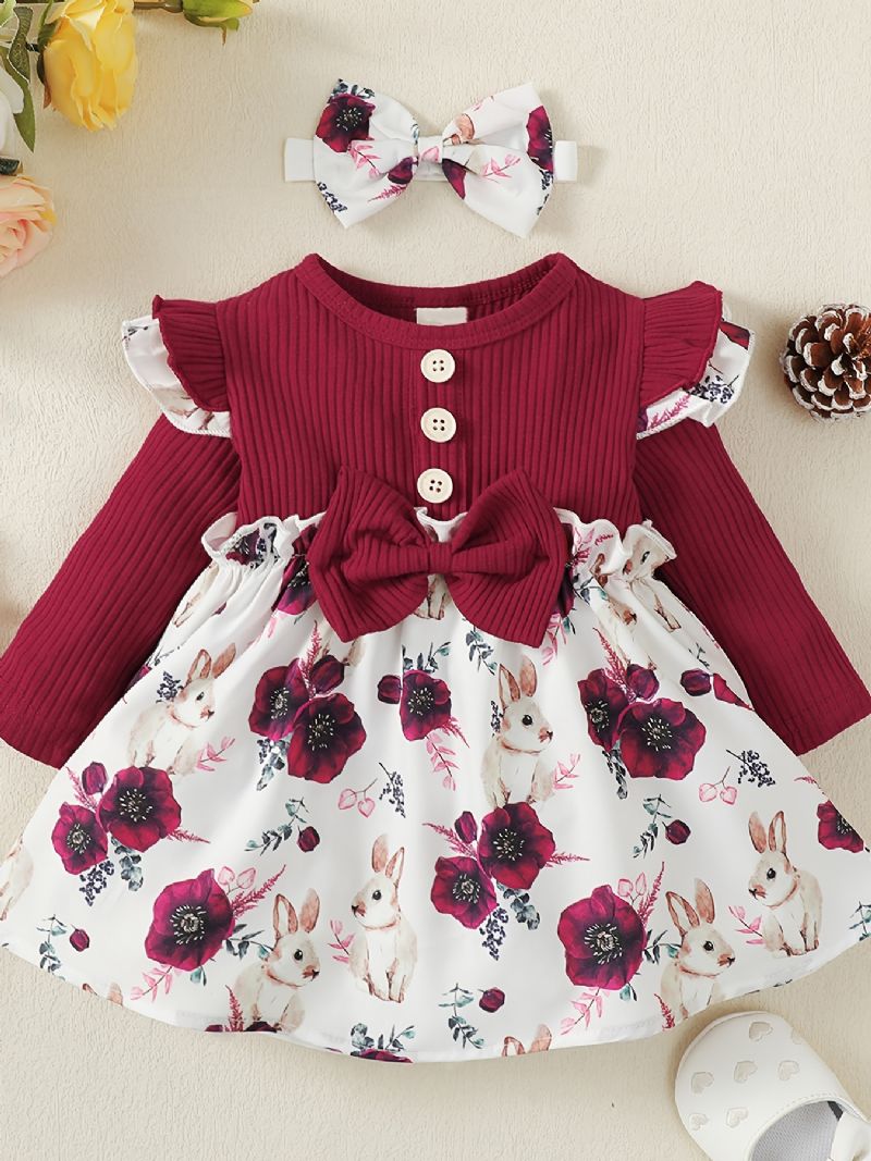 Babyblomstret Bunny Langærmet Kjole Med Matchende Pandebånd