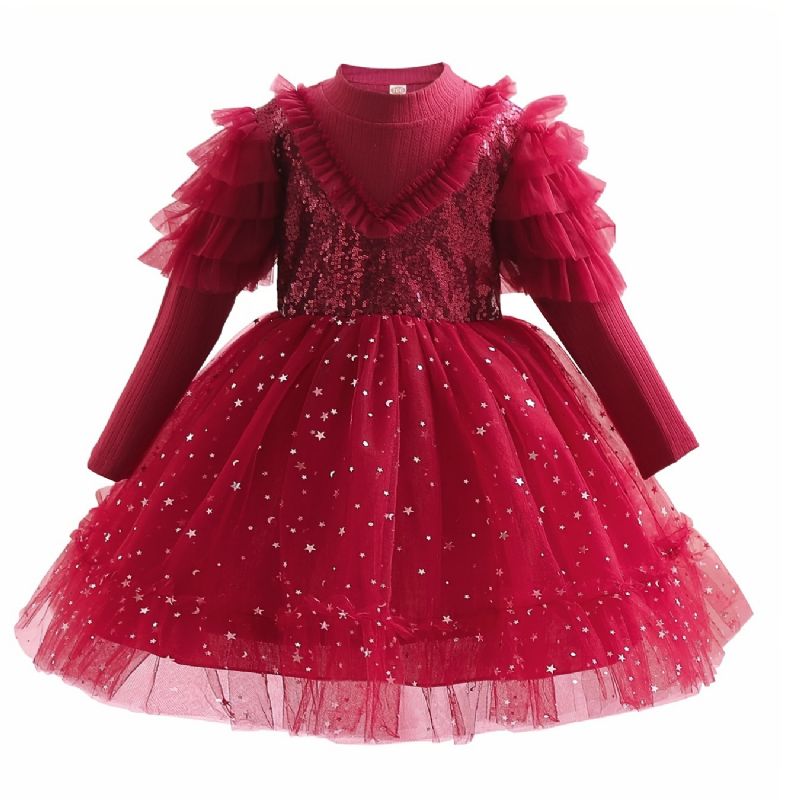 Babypige Langærmet Star Mesh Tutu Kjole Pailletter Festkjole Prinsesse Brudekjole Blomsterpiger