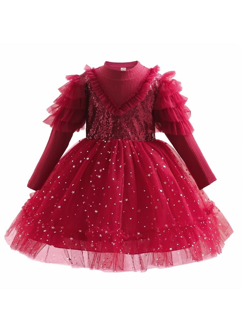 Babypige Langærmet Star Mesh Tutu Kjole Pailletter Festkjole Prinsesse Brudekjole Blomsterpiger