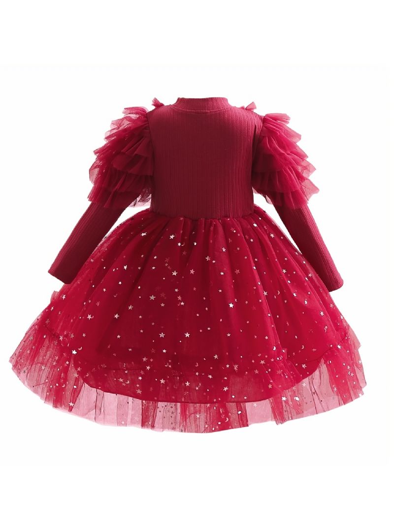 Babypige Langærmet Star Mesh Tutu Kjole Pailletter Festkjole Prinsesse Brudekjole Blomsterpiger