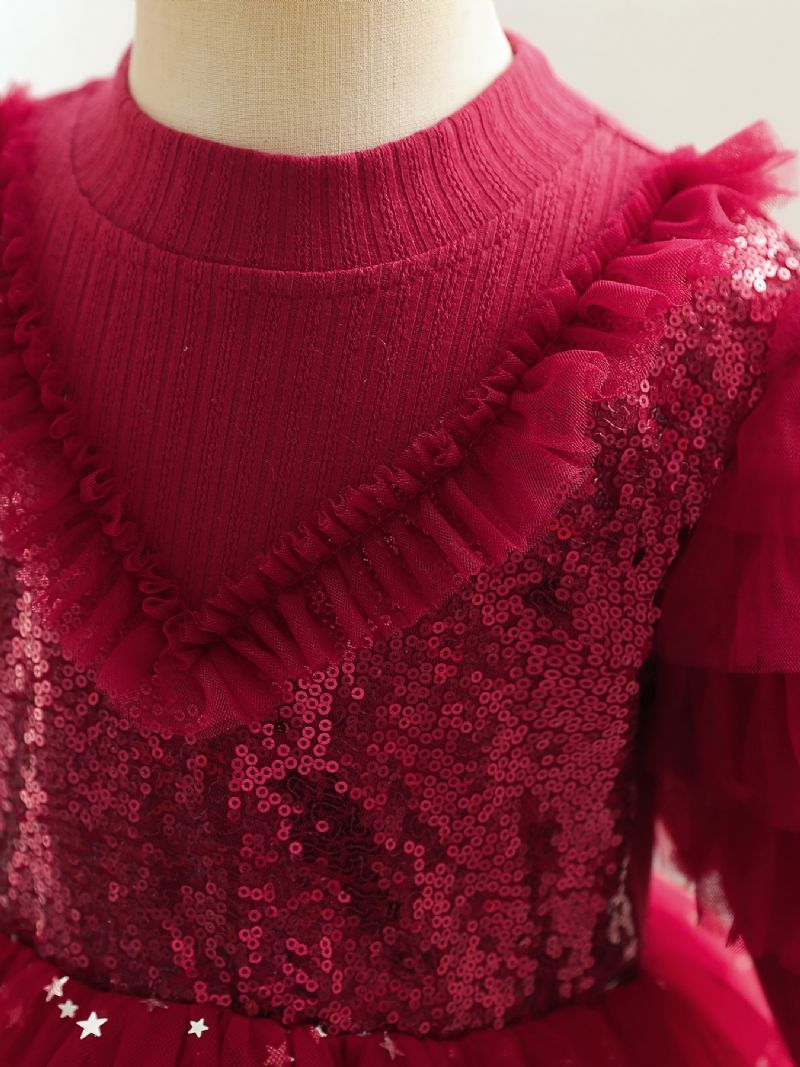 Babypige Langærmet Star Mesh Tutu Kjole Pailletter Festkjole Prinsesse Brudekjole Blomsterpiger