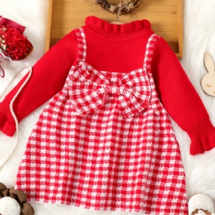 Babypige Plaid Langærmet Kjole Med Flæsekrave Sløjfedesign Til Efterår Og Vinter Ny Julekjole