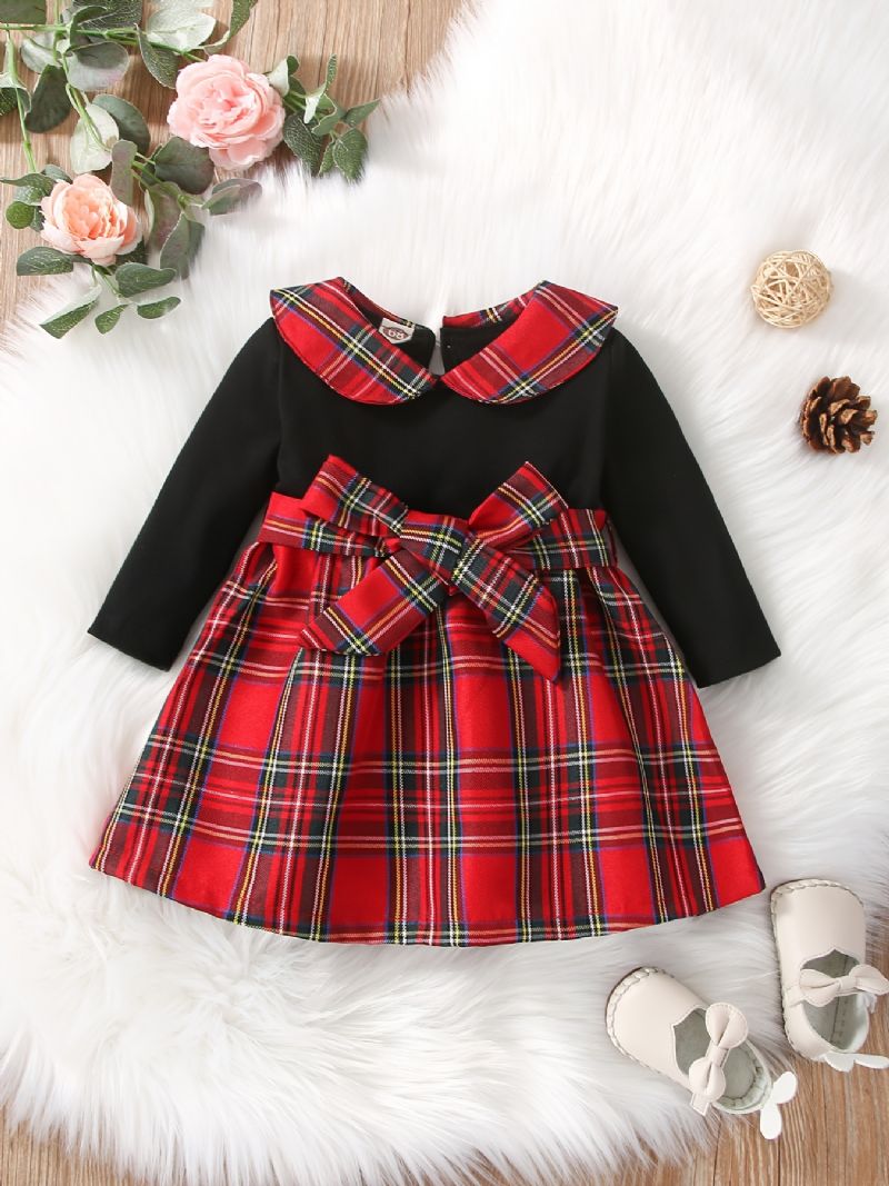 Babypiger Casual Sød Plaid Kjole Med Sløjfebælte Til Vinterjulefest
