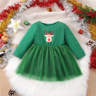Babypiger Casual Stitching Mesh Prinsessekjole Med Elgprint Til Julefest