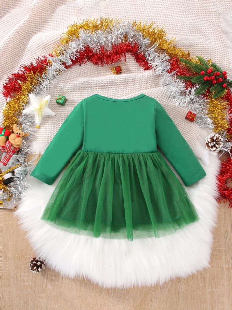 Babypiger Casual Stitching Mesh Prinsessekjole Med Elgprint Til Julefest