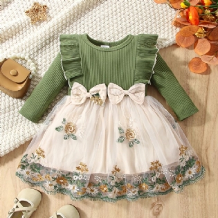 Babypiger Elegant Pjusket Mesh Patchwork Prinsessekjole Med Blomsterbroderi Sløjfe Til Fest