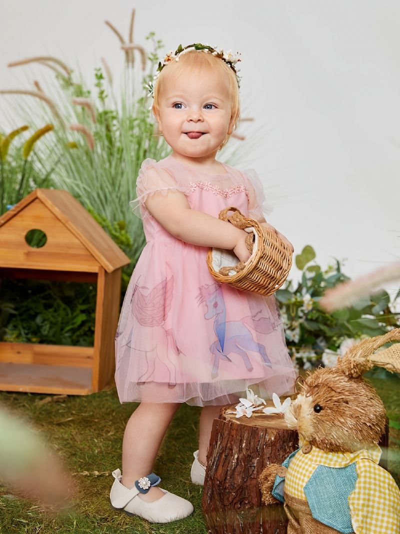 Babypiger Elegant Sød Mesh Prinsessekjole Med Enhjørning Print Til Fødselsdagsfest Pink