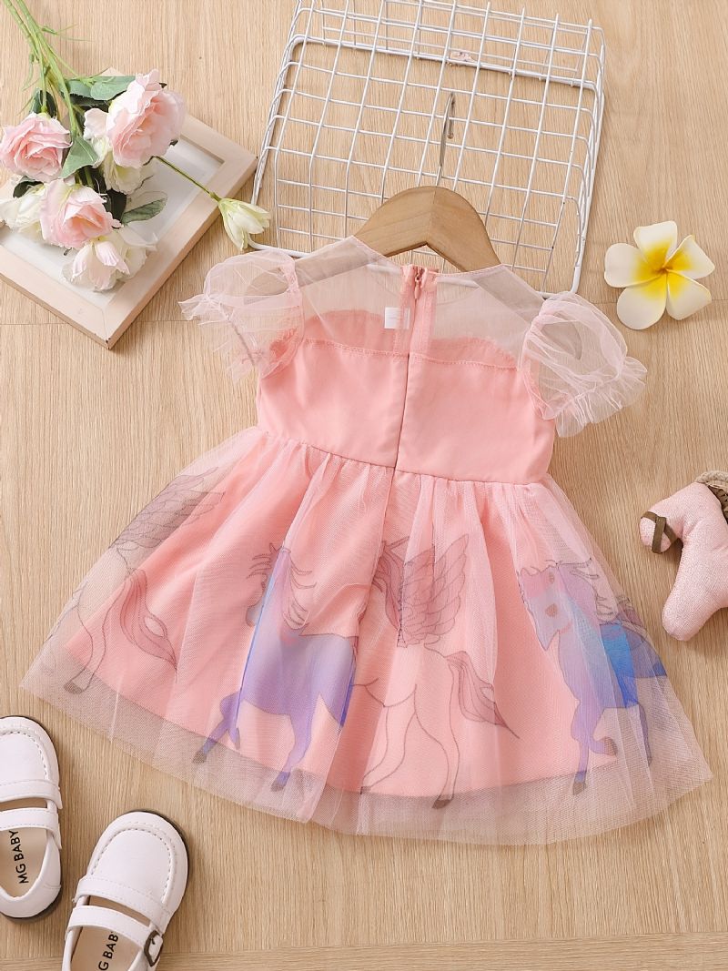 Babypiger Elegant Sød Mesh Prinsessekjole Med Enhjørning Print Til Fødselsdagsfest Pink