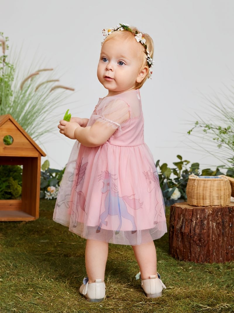 Babypiger Elegant Sød Mesh Prinsessekjole Med Enhjørning Print Til Fødselsdagsfest Pink