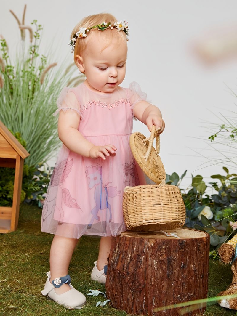 Babypiger Elegant Sød Mesh Prinsessekjole Med Enhjørning Print Til Fødselsdagsfest Pink