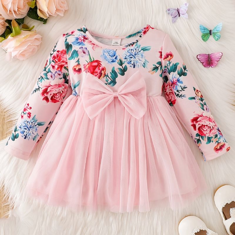 Babypiger Elegant Søde Blomsterprint Mesh Tutu Kjole Med Sløjfe Til Fest Pink