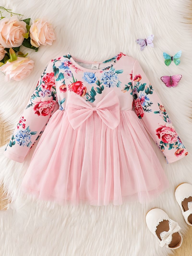 Babypiger Elegant Søde Blomsterprint Mesh Tutu Kjole Med Sløjfe Til Fest Pink