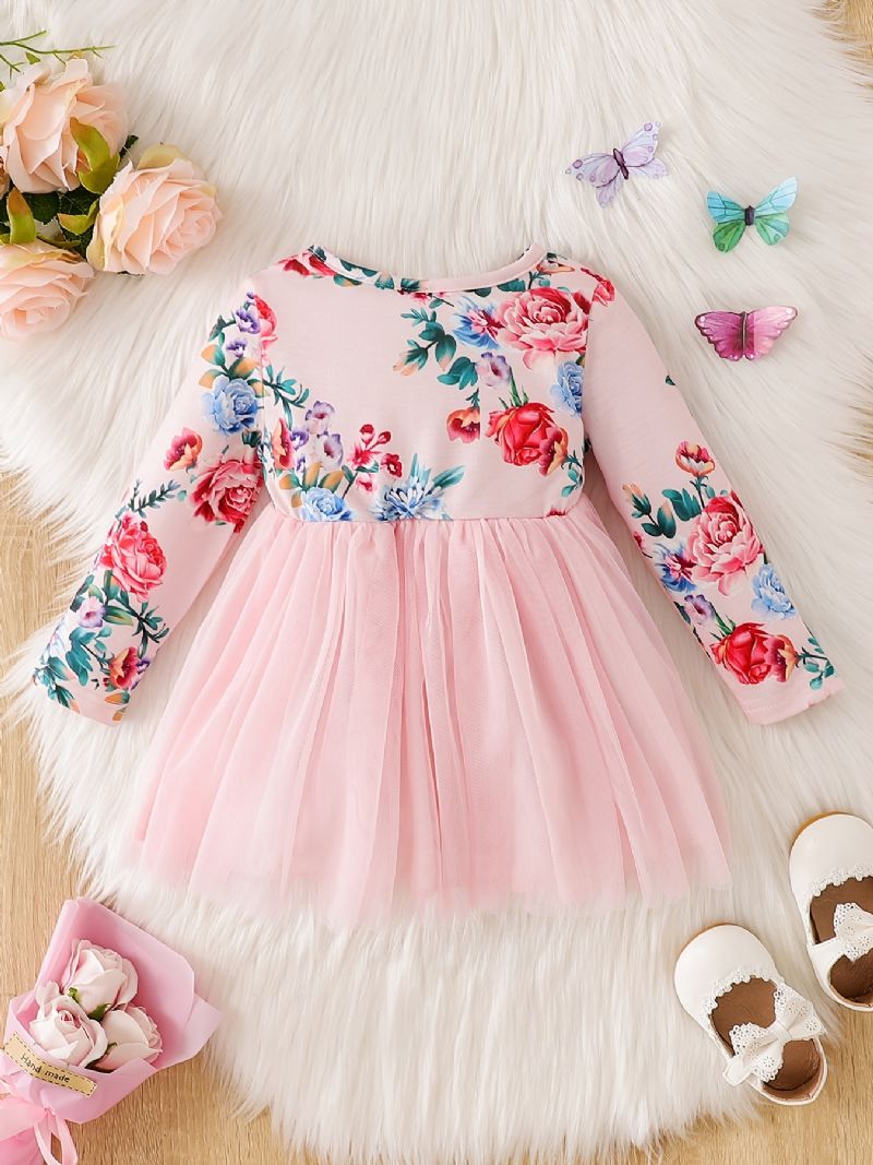 Babypiger Elegant Søde Blomsterprint Mesh Tutu Kjole Med Sløjfe Til Fest Pink