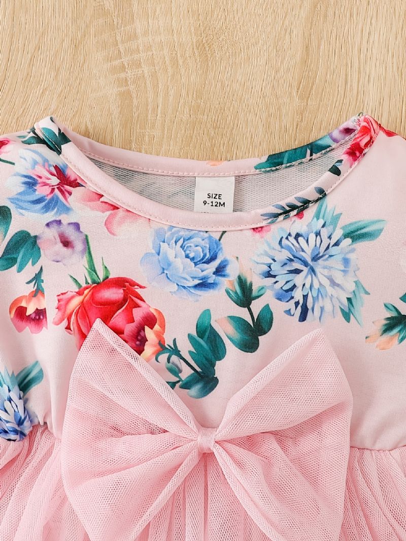 Babypiger Elegant Søde Blomsterprint Mesh Tutu Kjole Med Sløjfe Til Fest Pink
