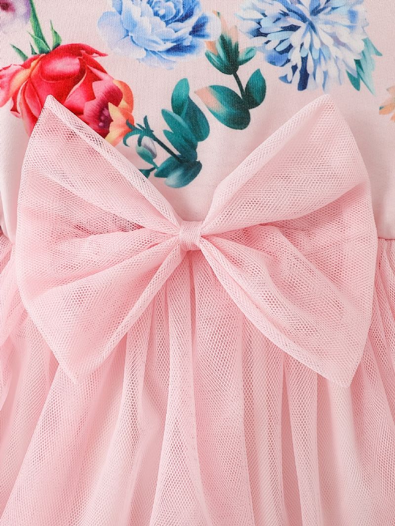Babypiger Elegant Søde Blomsterprint Mesh Tutu Kjole Med Sløjfe Til Fest Pink