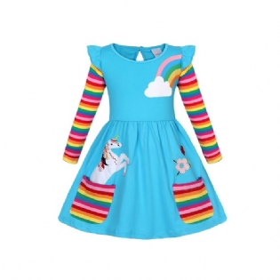 Babypiger Langærmede Flæser Kjole Unicorn Blomster Broderi Rainbow Pocket Dress Børnetøj