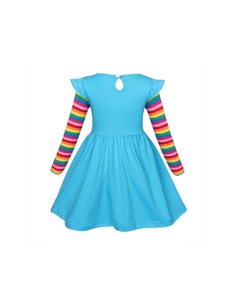 Babypiger Langærmede Flæser Kjole Unicorn Blomster Broderi Rainbow Pocket Dress Børnetøj