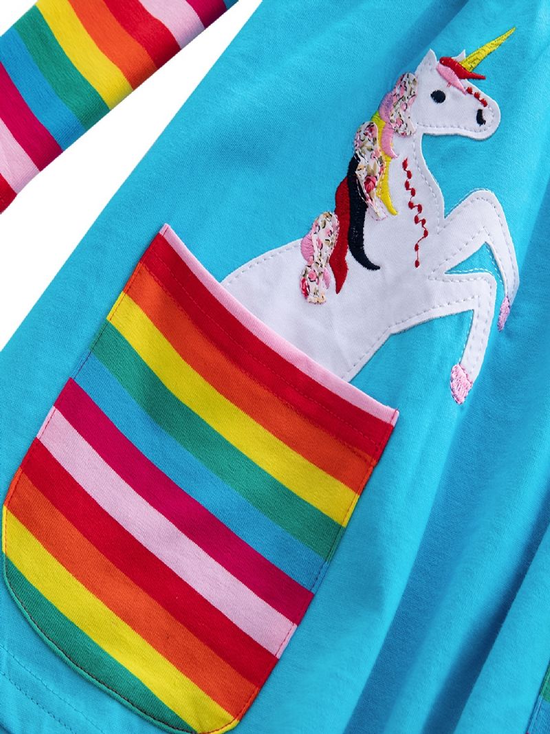 Babypiger Langærmede Flæser Kjole Unicorn Blomster Broderi Rainbow Pocket Dress Børnetøj