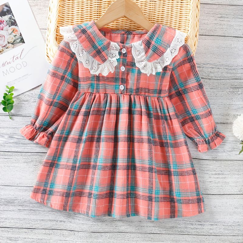 Babypiger Plaid Langærmet Kjole Patchwork Blonde Flæsekrave Børnetøj