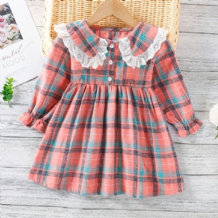 Babypiger Plaid Langærmet Kjole Patchwork Blonde Flæsekrave Børnetøj