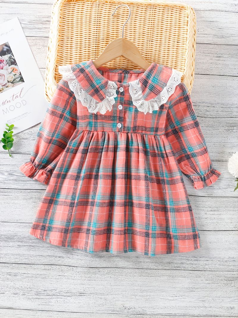 Babypiger Plaid Langærmet Kjole Patchwork Blonde Flæsekrave Børnetøj