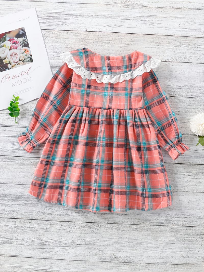 Babypiger Plaid Langærmet Kjole Patchwork Blonde Flæsekrave Børnetøj