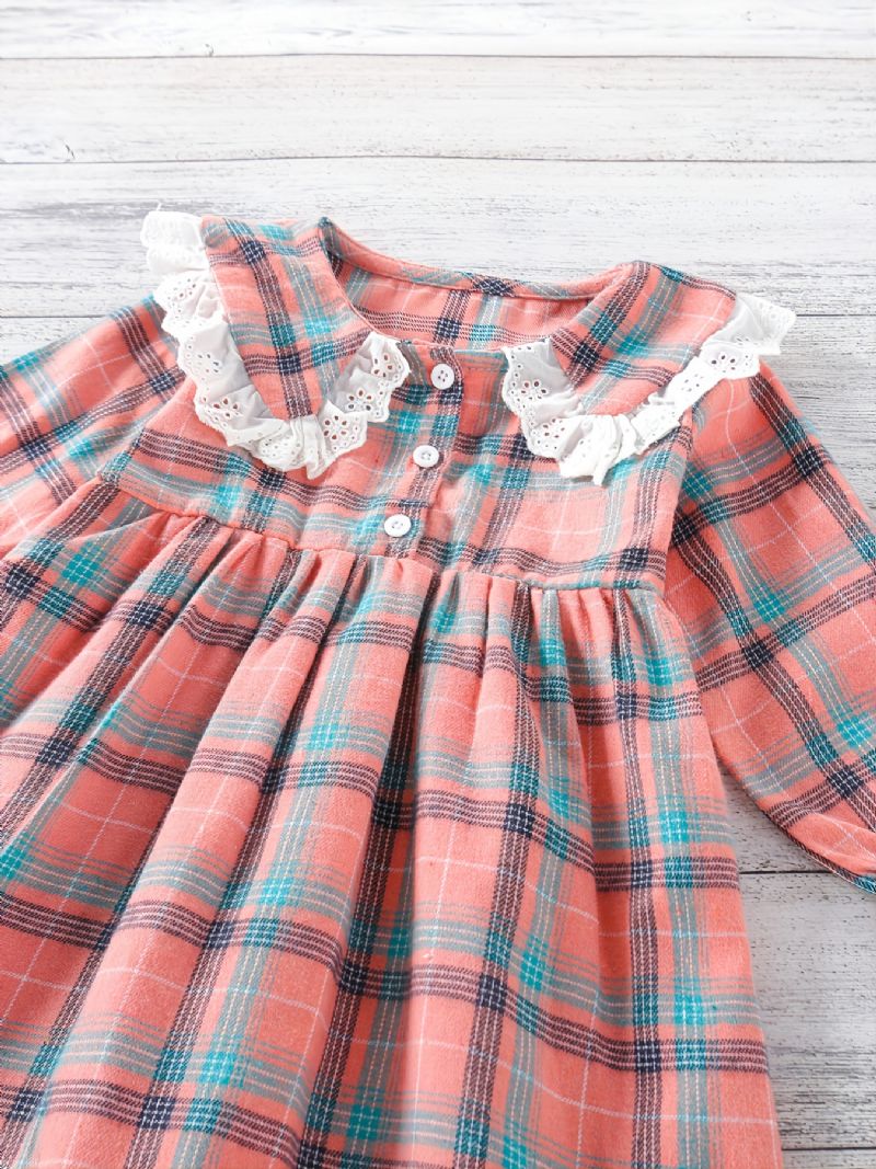 Babypiger Plaid Langærmet Kjole Patchwork Blonde Flæsekrave Børnetøj