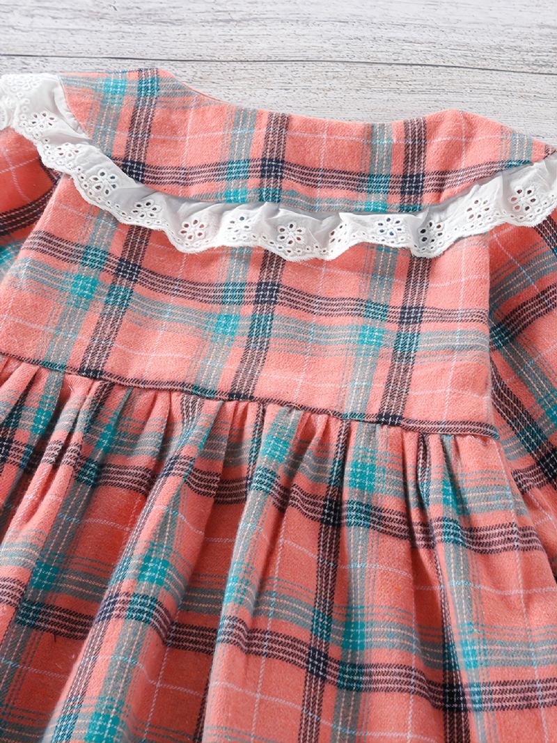 Babypiger Plaid Langærmet Kjole Patchwork Blonde Flæsekrave Børnetøj
