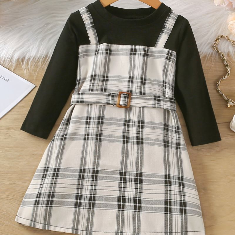 Babypiger Plaid Patchwork Kjole Langærmet Prinsessekjole Med Rund Hals