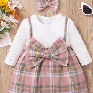Babypiger Plaid Print Bowknot Decor Dress Nederdel & Pandebånd Sæt Babytøj Vinter Nyhed