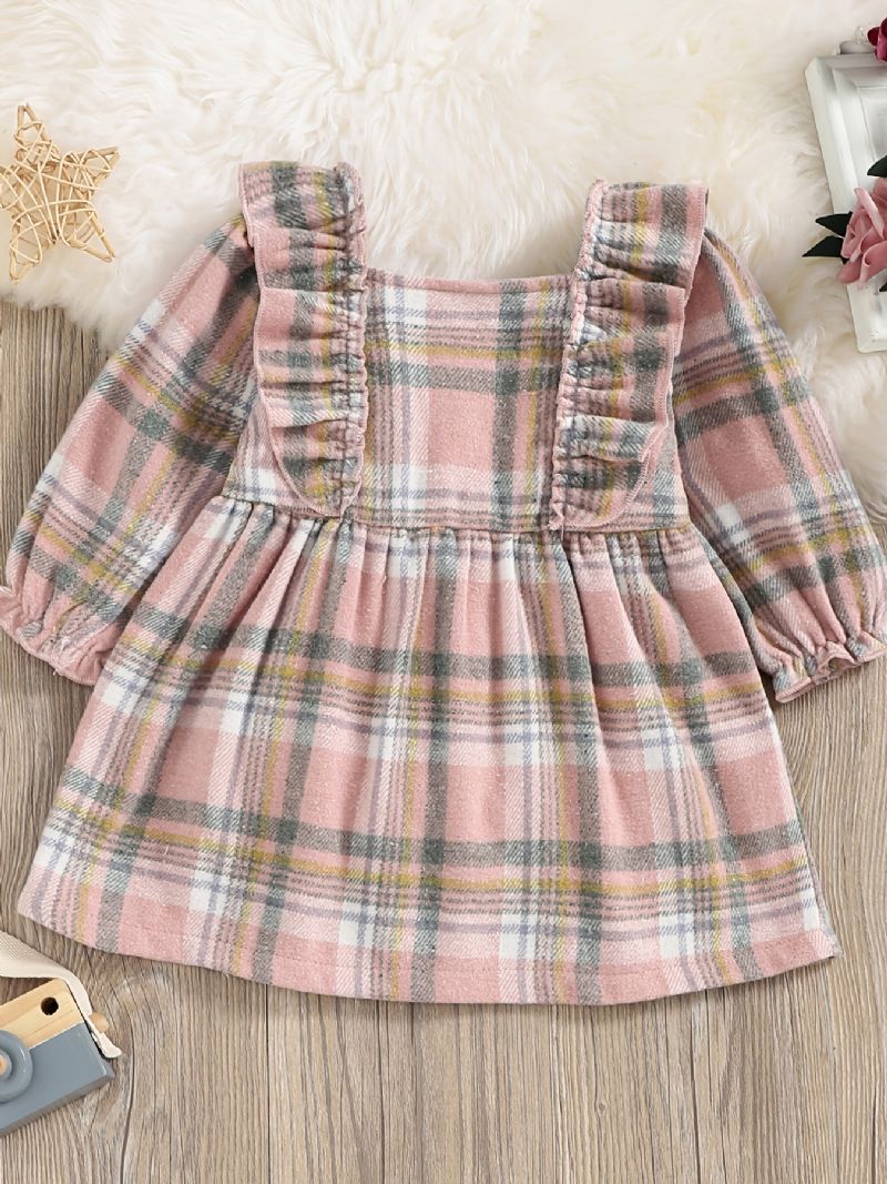 Babypiger Plaidkjole Langærmede Knapper Flæsede Kjole Børnetøj
