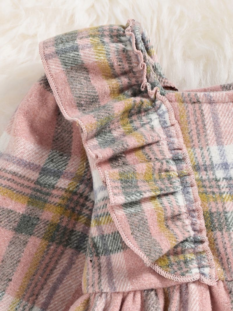 Babypiger Plaidkjole Langærmede Knapper Flæsede Kjole Børnetøj