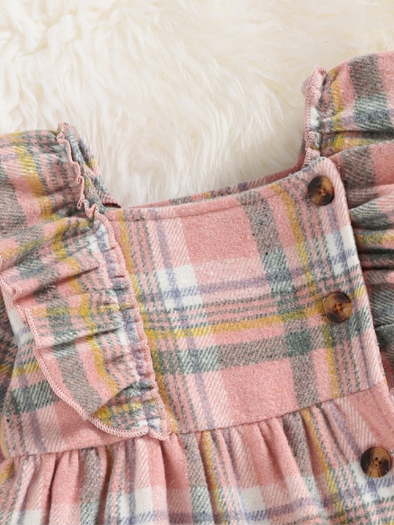 Babypiger Plaidkjole Langærmede Knapper Flæsede Kjole Børnetøj