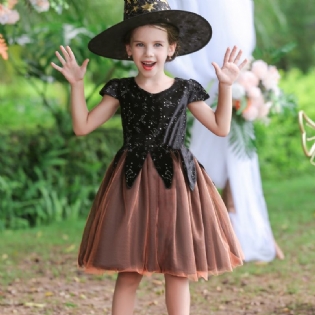Børn Piger Halloween Tyl Hekse Cosplay-kjole Kortærmet Festgalakjole Gaze-nederdel Kostume Fødselsdagsfestkjole Med Hat