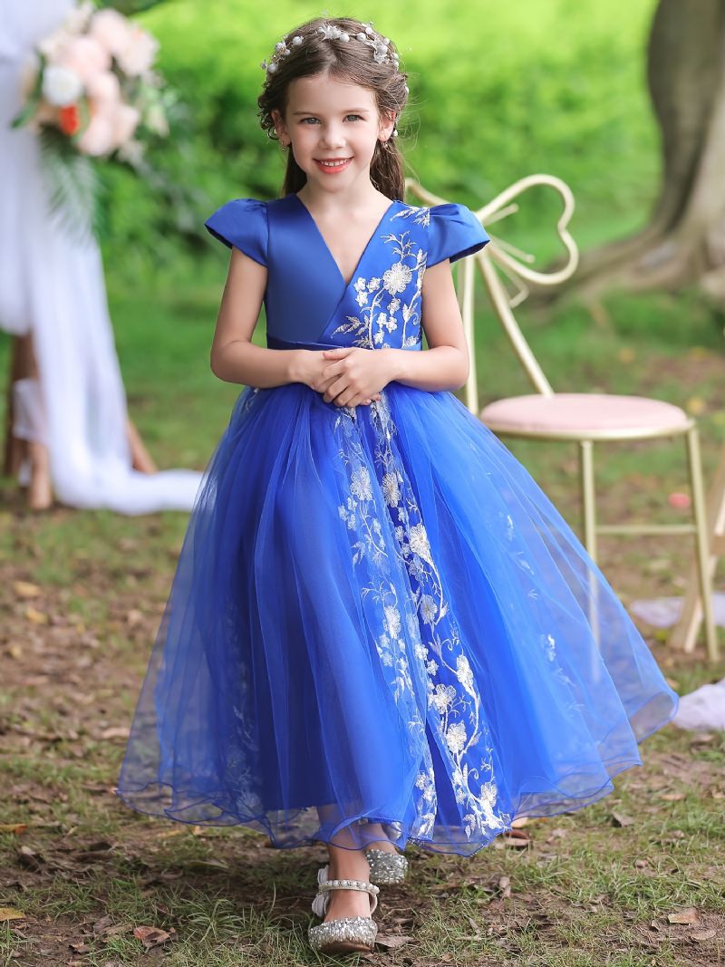 Børnekortærmede Tylkjole Blomsterbroderi Festkjole Prinsessekjole Brudekjole Blomsterpiger Børnetøj