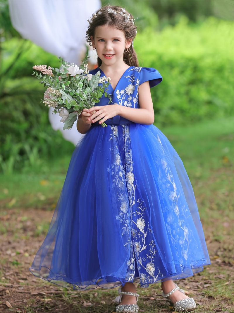 Børnekortærmede Tylkjole Blomsterbroderi Festkjole Prinsessekjole Brudekjole Blomsterpiger Børnetøj