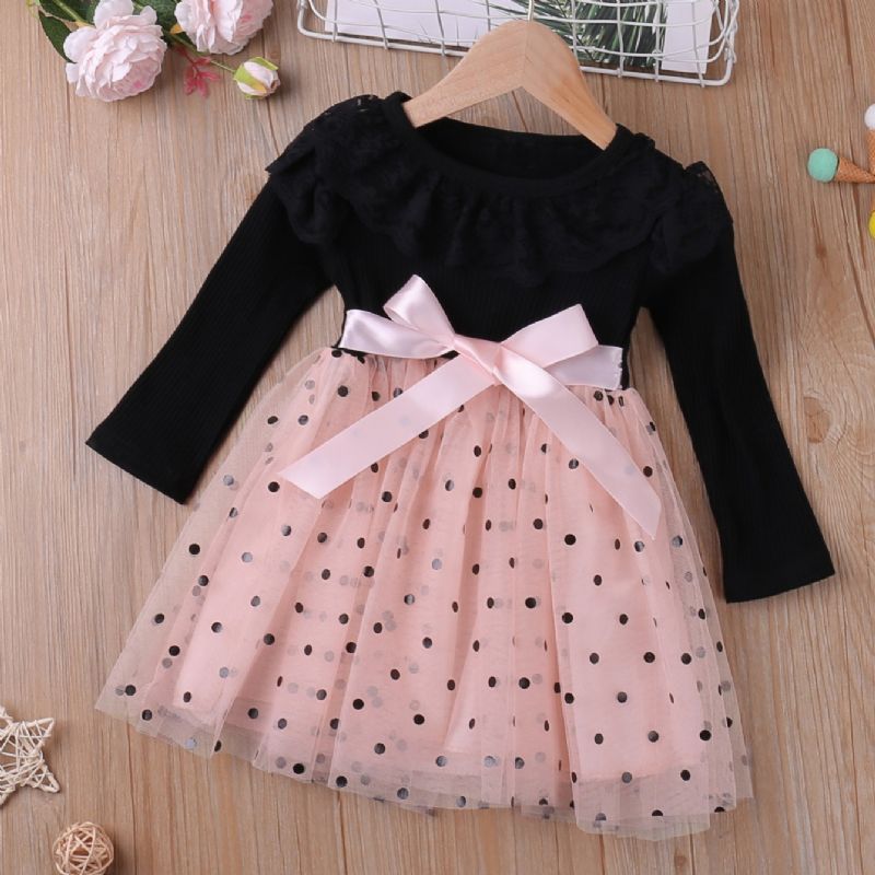 Elegant Mesh Kjole Til Piger Med Flæsekant Polka Dot Print Sløjfe Børnetøj