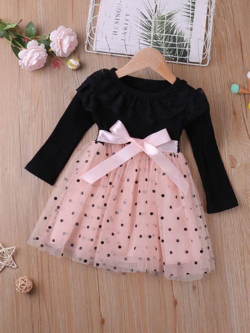 Elegant Mesh Kjole Til Piger Med Flæsekant Polka Dot Print Sløjfe Børnetøj
